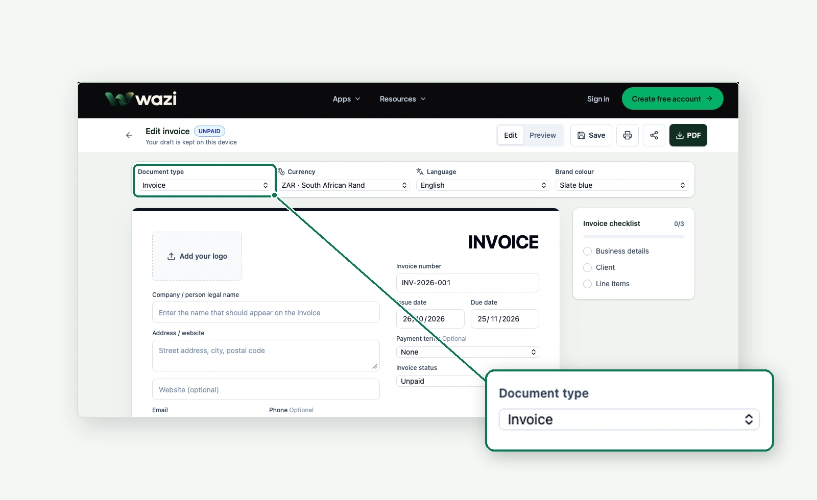Invoice builder with the document type selector highlighted and enlarged.