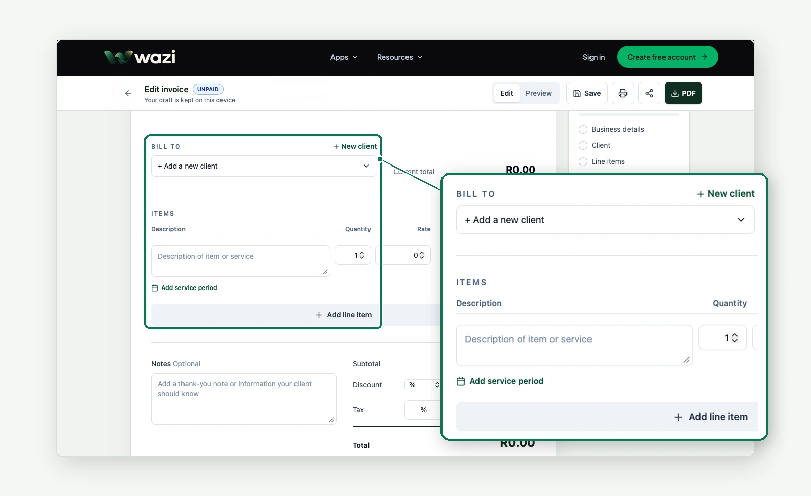 Invoice editor with the client and line item area highlighted and enlarged.