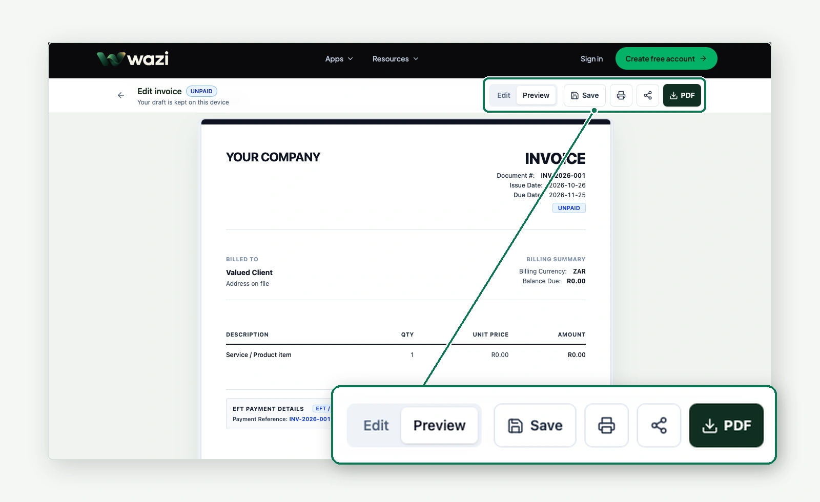 Invoice preview with the Preview, Save, Print, Share and PDF controls highlighted and enlarged.