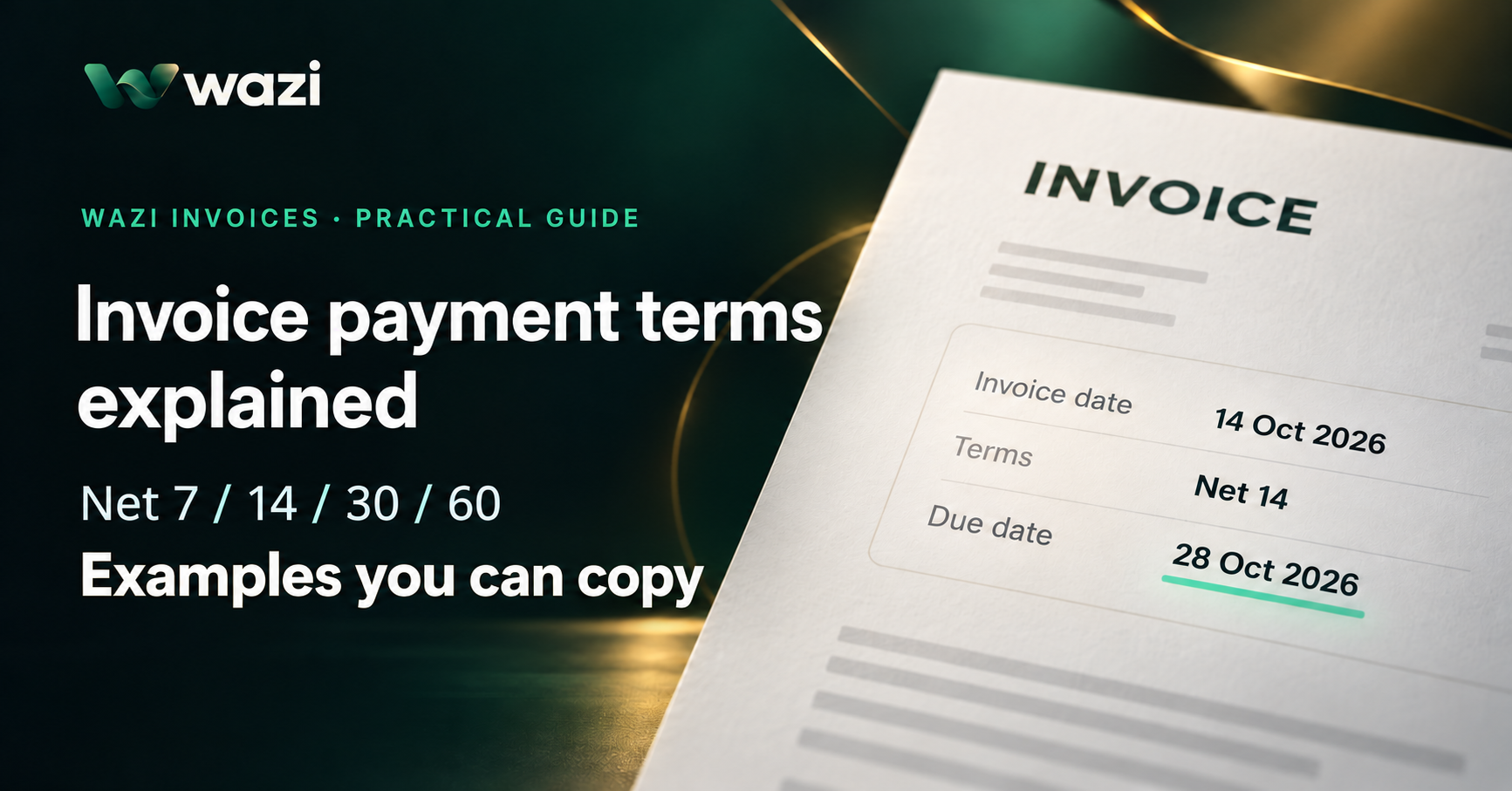 Fictional invoice dated 14 October 2026 with Net 14 terms and a due date of 28 October 2026